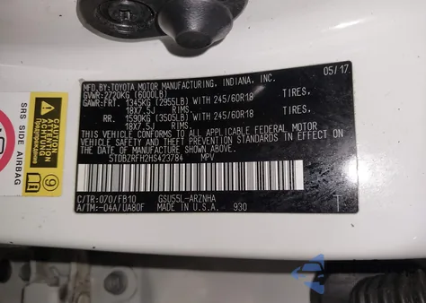 2017 Toyota Highlander Le from USA, damaged, VIN 5TDBZRFH2HS423784